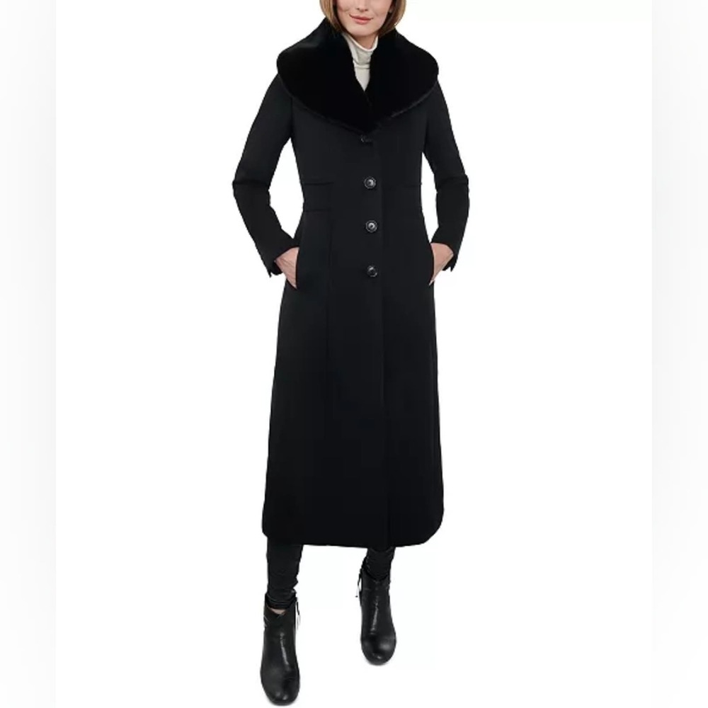 Anne Klein Women's Faux Fur collar maxi Cashmere Blend Coat, Black Size 12 New